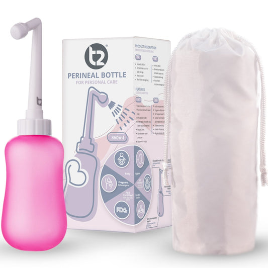 T2 Peri Bottle - Portable Bidet for Postpartum Care, Perineal Pain Relief - 360ml Squeeze Bottle with 60° Nozzle & Washable Storage Bag - Hospital Bag Maternity Essential, Gift for Mum to Be
